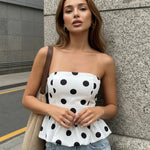 White Polka Dot Print Peplum Ruffle Slim Fit Cropped Tube Top