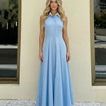 Blue Sleeveless Contrast Collar Button Down Maxi Shirt Dress