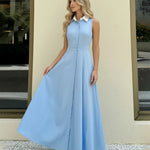 Blue Sleeveless Contrast Collar Button Down Maxi Shirt Dress