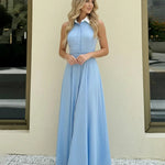 Blue Sleeveless Contrast Collar Button Down Maxi Shirt Dress