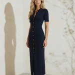 Black Ribbed Knit Button-Front Shirt Slit Maxi Dress