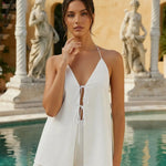 White Casual Halter Tie Front Cutout Top Solid Shorts Vacation Set