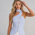 Blue and White Button Front Striped Cotton Slim Fit Cropped Top