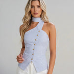 Blue and White Button Front Striped Cotton Slim Fit Cropped Top