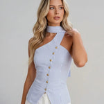 Blue and White Button Front Striped Cotton Slim Fit Cropped Top