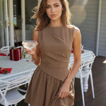 Brown Draped Waist Asymmetrical Pleated Mini Dress