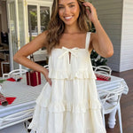 Cream White Bow Tie Front Tiered Ruffle Casual Mini Dress