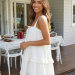 Cream White Bow Tie Front Tiered Ruffle Casual Mini Dress
