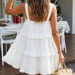 Cream White Bow Tie Front Tiered Ruffle Casual Mini Dress