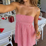 Red Gingham Pattern Smocked Cotton Slim Fit Mini Dress