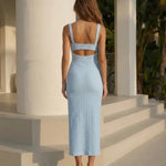 Blue Textured  Sweetheart Neck Cutout Slit Midi Dress