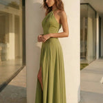 Green Halter Neck Keyhole Cutout Slit Maxi Dress