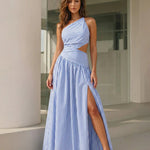 Striped One Shoulder Cutout Lace Up Maxi Dress