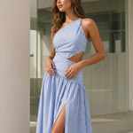 Striped One Shoulder Cutout Lace Up Maxi Dress