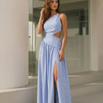Striped One Shoulder Cutout Lace Up Maxi Dress