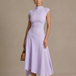 Mock Neck Textured Ruched Asymmetrical Hem Midi Dress