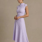 Mock Neck Textured Ruched Asymmetrical Hem Midi Dress