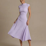 Mock Neck Textured Ruched Asymmetrical Hem Midi Dress