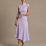 Mock Neck Textured Ruched Asymmetrical Hem Midi Dress
