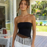 Black Edgy Strapless Crochet Fringe Trim Vacation Crop Top