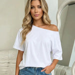 White Asymmetrical One-Shoulder Short Sleeve T-Shirt