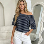 Navy Stripe One-Shoulder Oversized Short Sleeve T-Shirt