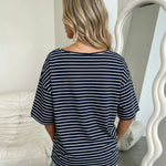Navy Stripe One-Shoulder Oversized Short Sleeve T-Shirt