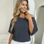 Navy Stripe One-Shoulder Oversized Short Sleeve T-Shirt