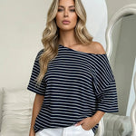 Navy Stripe One-Shoulder Oversized Short Sleeve T-Shirt