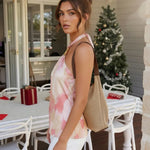Pink Floral Print Halter Gold Hardware Satin Vacation Waist Length Top