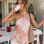 Pink Floral Print Halter Gold Hardware Satin Vacation Waist Length Top