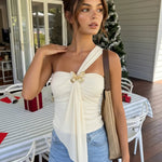 White Butterfly Hardware One Shoulder Draped Asymmetrical Vacation Top