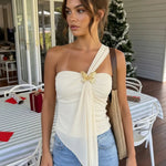 White Butterfly Hardware One Shoulder Draped Asymmetrical Vacation Top