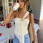 White Butterfly Hardware One Shoulder Draped Asymmetrical Vacation Top