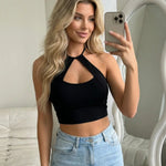 Sexy Black Halter Cut Out Backless Crop Top