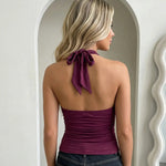 Burgundy Backless Tie Back Halter Gold Hardware Top