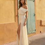 Beige One Shoulder Ruched Side Slit Maxi Dress