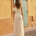 Beige One Shoulder Ruched Side Slit Maxi Dress