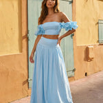 Light Blue Off-Shoulder Ruffle Sleeve Cropped Top Maxi Skirt Boho Set