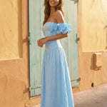 Light Blue Off-Shoulder Ruffle Sleeve Cropped Top Maxi Skirt Boho Set