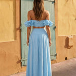 Light Blue Off-Shoulder Ruffle Sleeve Cropped Top Maxi Skirt Boho Set