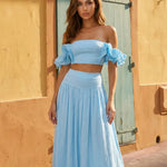 Light Blue Off-Shoulder Ruffle Sleeve Cropped Top Maxi Skirt Boho Set