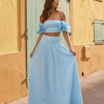 Light Blue Off-Shoulder Ruffle Sleeve Cropped Top Maxi Skirt Boho Set