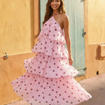 Pink Polka Dot Halter Tiered Ruffle Vacation Maxi Dress