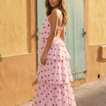 Pink Polka Dot Halter Tiered Ruffle Vacation Maxi Dress