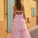 Pink Polka Dot Halter Tiered Ruffle Vacation Maxi Dress