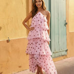 Pink Polka Dot Halter Tiered Ruffle Vacation Maxi Dress