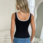 Black Ribbed V-Neck White Contrast Trim Tank Top