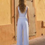 Striped V-Neck Buttoned Crop Vest High Waist Wide Leg Pants Set