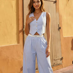 Striped V-Neck Buttoned Crop Vest High Waist Wide Leg Pants Set